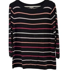 Talbots Women Petite Large PL Sweater Black Contrast Stripe Crew Neck 3/4 Sleeve